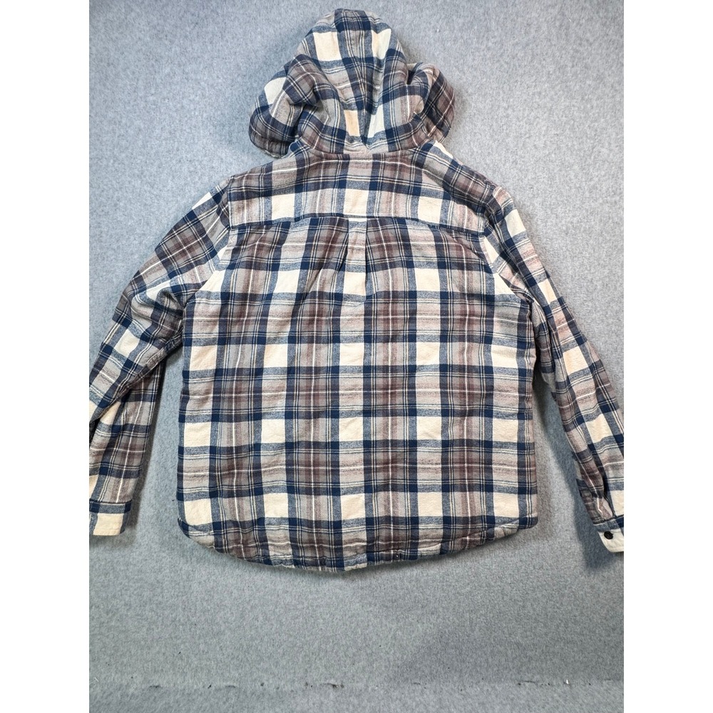 LL Bean Relaxed Fit Sherpa Lined Hooded Flannel Shirt Jacket Blue Plaid Large - Picture 8 of 12
